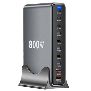 800W氮化鎵GaN多孔充電器 十孔快充 PD/QC 單口140W 筆電手機同時充電, 黑色, 1個