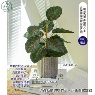 大好屋 仿真龜背葉盆栽組：竹芋、旅人蕉熱帶仿真植物，灰色條紋盆器，輕鬆打造居家綠意, 灰色條紋, 1個