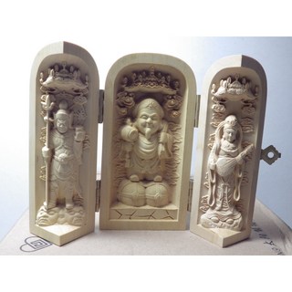 精品黃楊木隨身三合一佛龕：大黑天財神木雕佛像，精緻雕工，隨身守護，祈福納財, 黃色, 1個