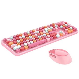 mofii 鍵盤無線鍵盤滑鼠組 復古鍵盤 仿機械鍵盤 圓鍵鍵盤 NCC BSMI認證 摩天手經銷商, 心悅粉紅, sweet