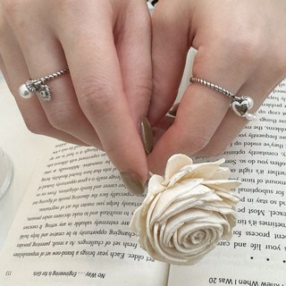 純銀麻花珍珠吊墜開口戒指 愛心幸運草造型 可調節