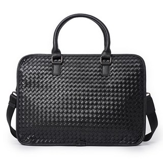真皮編織手提包 公事包 手提包 單肩包 側背包 出差包 斜背包 電腦包, 手工編織條紋時尚黑
