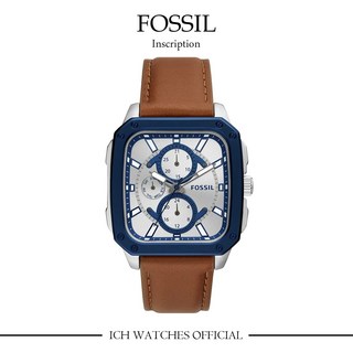 美國FOSSIL Inscription系列三眼錶，方形錶盤，真皮錶帶，日期星期顯示，時尚腕錶