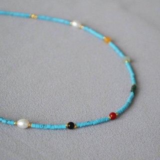 綠松石串珠項鍊 珍珠瑪瑙寶石項鍊 法式復古細鎖骨項鍊 韓國生日禮物女生
