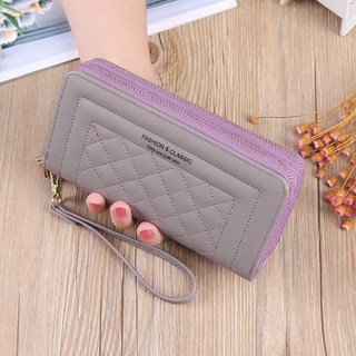 德利生活 菱格紋雙拉鍊長夾 大容量手拿包 多卡位設計