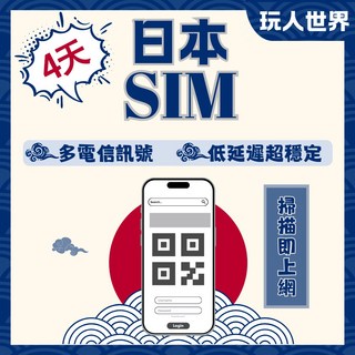 玩人世界 日本SIM卡 4天 5G吃到飽 日本網卡 日本上網卡, 1個, 每日1GB後降速