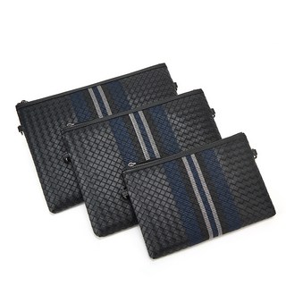 男用皮革編織雙層手拿包, 黑色