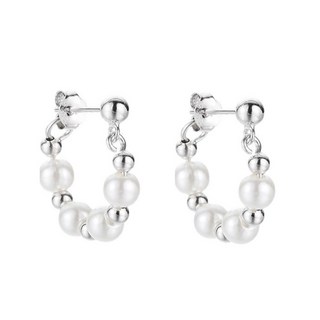 珍珠小眾設計耳環 時尚氣質日韓風格 銀色調圓圈造型 6mm珍珠 可調式耳扣
