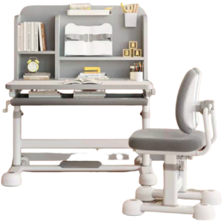 兒童可升降學習課桌椅, 灰:桌子+椅子+書架+矯正器+燈