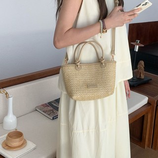 MISUE 韓系草編手提包/夏天編織包/斜背包-深棕色，時尚編織手提斜背包，夏日必備單品