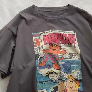 三番雜貨屋 surfshark帥貓厚磅純棉上衣 短袖寬鬆美式復古原宿慵懶風日系少女感