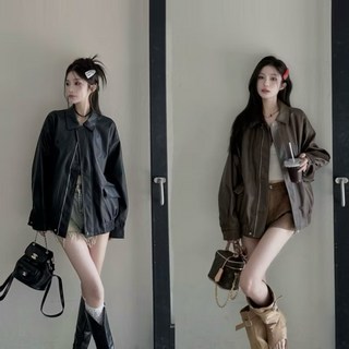 美拉德辣妹復古甜心皮外套，寬鬆顯瘦復古風，時尚百搭經典翻領設計