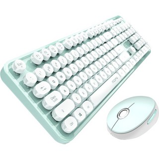 mofii 鍵盤無線鍵盤滑鼠組 復古鍵盤 仿機械鍵盤 圓鍵鍵盤 NCC BSMI認證 摩天手經銷商, 甜蜜白綠, sweet
