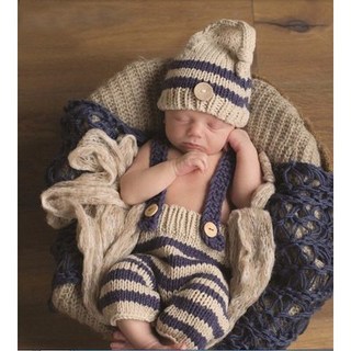『寶寶寫真』 卡其條紋吊帶褲 帽子 2件組 道具拍照服裝 新生兒寫真 QBABY SHOP