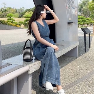 赫米 小性感車線不對稱牛仔背心長洋裝, Blue