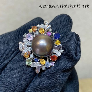 台北周先生 6月誕生石 天然頂級黑珍珠戒指 13MM 搭配彩色藍寶石 18K真金真鑽美戒