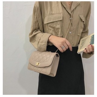 菱格鏈條小香風斜背方包, 卡其色
