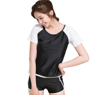 Daima黛瑪 大尺碼四件式泳衣 M-2L 運動短袖泳衣 修身遮肚顯瘦防走光海邊衝浪游泳C191167, L