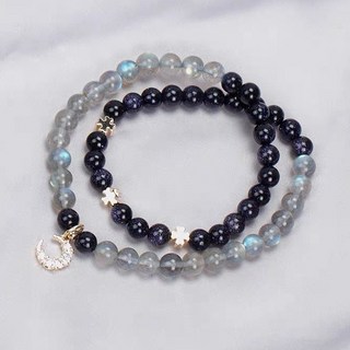 現貨 【星月神話】藍砂石手鍊女水晶灰月光石雙圈手串浪漫星空韓版個性禮物