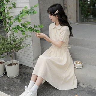 森林兔日系白色A字裙連身裙，長裙收腰短袖泡泡袖洋裝，夏季森林系森女風, 白色