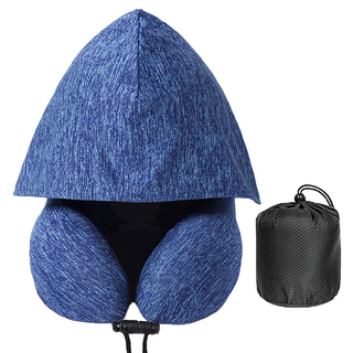 咪咪購物 飛機枕/連帽頸枕/脖子枕頭/護頸枕/旅行頸枕 戴帽款 + 收納袋, 深藍色