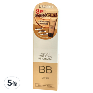 L'EGERE 橙花原液保濕BB霜 SPF25 潤色遮瑕 保濕提亮 毛孔隱形 物理防曬, 02明亮色, 25ml, 5條