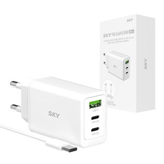 SKY 필 2세대 GaN 65W 미니 3포트 PD3.0 PPS QC4.0 플러스 초고속 C타입 멀티 충전기 + 60W C to C 케이블 1.5m 세트, 화이트, 1세트