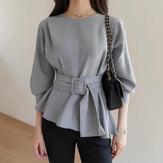 Paperments 腰部荷葉邊腰帶氣球袖七分袖上衣 22998