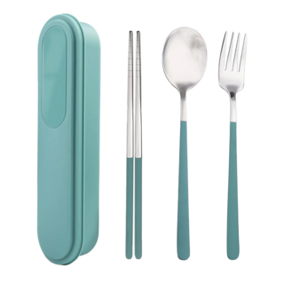 Cooksy 304不鏽鋼環保餐具/高溫耐受便攜式餐具 3件組 21.5 x 5.5 x 3cm, 1組, 叉 + 匙 + 筷, 綠色
