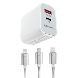 RONEVER 20W PD充電器組 DE040A 充電器59 x 43 x 27mm 45g + 充電線120cm 40g, 白色, 1組