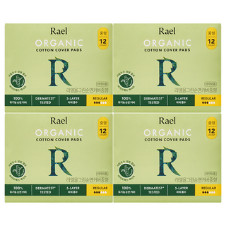라엘 올그린 유기농 순면 생리대 날개형, 중형, 12개입, 4개