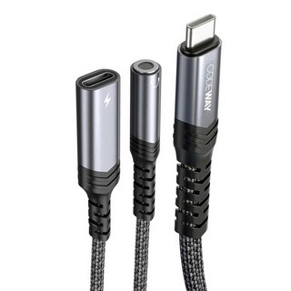 CODEWAY USB C-Type 轉 3.5mm 耳機麥克風雙孔音源轉接線, 灰色, 0.28m, 1個