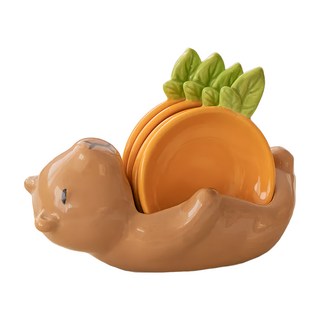 沐慕家居 陶瓷水豚造型小碟子4件組, 卡比巴拉 咖啡色 + 橘色, 1組