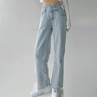 女款多碼復古高腰三排釦顯瘦直筒丹寧寬褲 - 淺藍S, S, 淺藍
