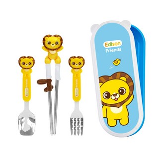 Edison Friends 兒童學習筷餐具組 特殊手指環設計, 獅子款 藍色, 學習筷+ 兒童湯匙 + 兒童叉子 + 收納盒, 1組