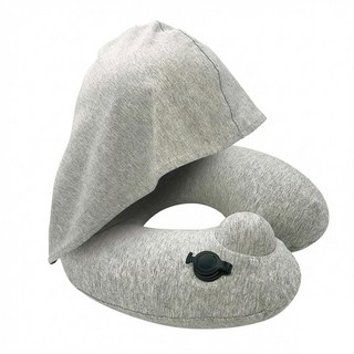 OMORY 連帽按壓充氣頸枕 附收納袋 灰色 舒適親膚材質, 30 x 32 x 12cm