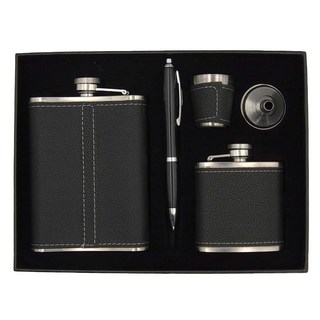 隨身酒壺禮盒組 出國款五件組 不銹鋼 皮革, 城堡款 9oz + 4oz, 隨身酒壺 + 酒杯 + 筆, 1組