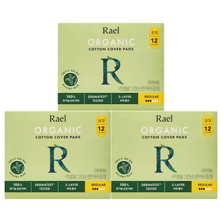 라엘 올그린 유기농 순면 생리대 날개형, 중형, 12개입, 3개