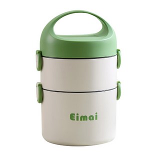 Couselect 304不鏽鋼雙層保溫便當盒 可微波防燙 1.8L, 1個, 白色 + 綠色