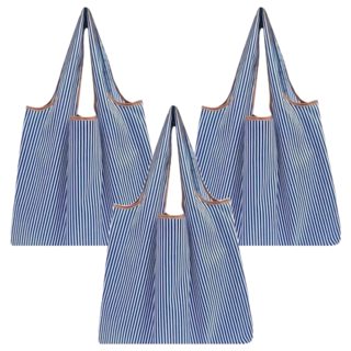 FIFIOO 環保摺疊購物袋 加厚 38x40cm 大容量 39g, 藍白條紋, 3個