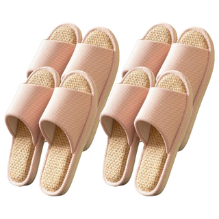 日式居家粗亞麻透氣防滑男女士室內拖鞋, 粉色, 4雙