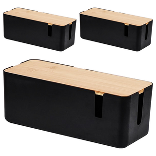 Mega 極簡風木蓋電線收納盒 可壁掛 集線盒 線路收納整理 桌面收納 插座收納 30 x 12.3 x 11.8cm, 消光黑, 3個
