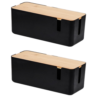 Mega 極簡風木蓋電線收納盒 可壁掛 集線盒 線路收納整理 桌面收納 插座收納 30 x 12.3 x 11.8cm, 消光黑, 2個