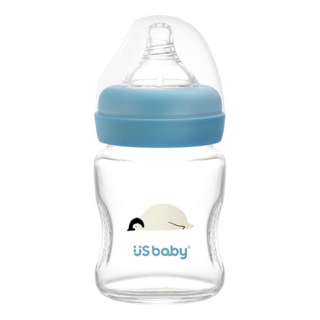 US baby 優生 真母感玻璃奶瓶, α33安心係數 人體工學弧形設計, 企鵝, 120ml, 1個