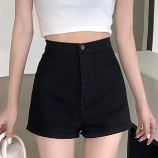包臀緊身牛仔短褲，高腰顯瘦, L(腰寬34cm x 臀寬42cm x 褲寬26cm x 全長33cm), 黑色