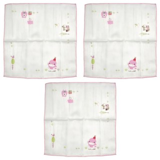 KU.KU Duckbill 酷咕鴨 紗布手帕 3條 100%純棉 台灣製, 狐狸熊緹花, 30 x 30cm