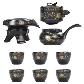 時來運轉 陶瓷 泡茶器 Set, 鎏金自動茶具, 1組, 茶壺 + 茶海 + 底座 + 茶杯 6個, 金盞花