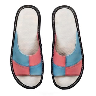 羊皮撞色拼接亞麻鞋踩防滑室內拖 頭層羊皮/亞麻材質 PVC鞋底 尺寸25-29, 26, 紅棕色, 1雙