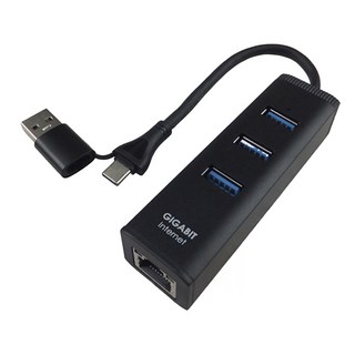 iLeco 3.2HUB 千兆網卡 Type C+A 兩用 USB 3.2 Gen1 5Gbps 3合1傳輸 充電, LAN-RU33, 1個, 黑色