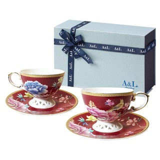 A&L骨瓷咖啡對杯禮盒組，骨粉含量43%以上, 花樣春曉 嫣紅色, 1組